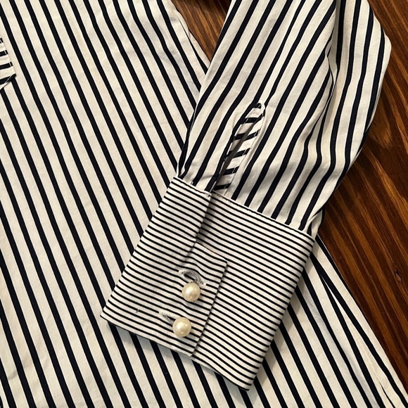 ZARA Basic Navy and White Striped button down pearl button shirt Stripes - Picture 3 of 7